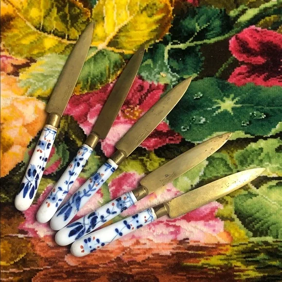 Vintage Set of 5 Floral Ceramic Handle Bronze Fruit Knives by Rheingold - Picture 1 of 7